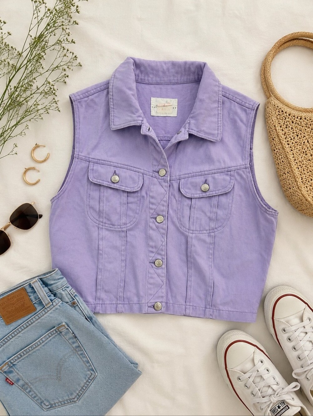 Vintage Cotton Ginny Lavender Vest Cropped Button Front 90s Y2K Lilac Medium